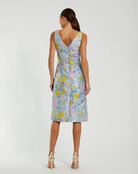 Blue Floral Brocade Sleeveless Midi Dress With Bow - Back