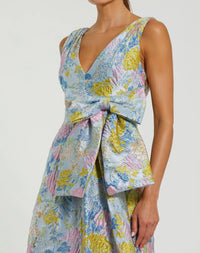 Blue Floral Brocade Sleeveless Midi Dress With Bow - Close Up