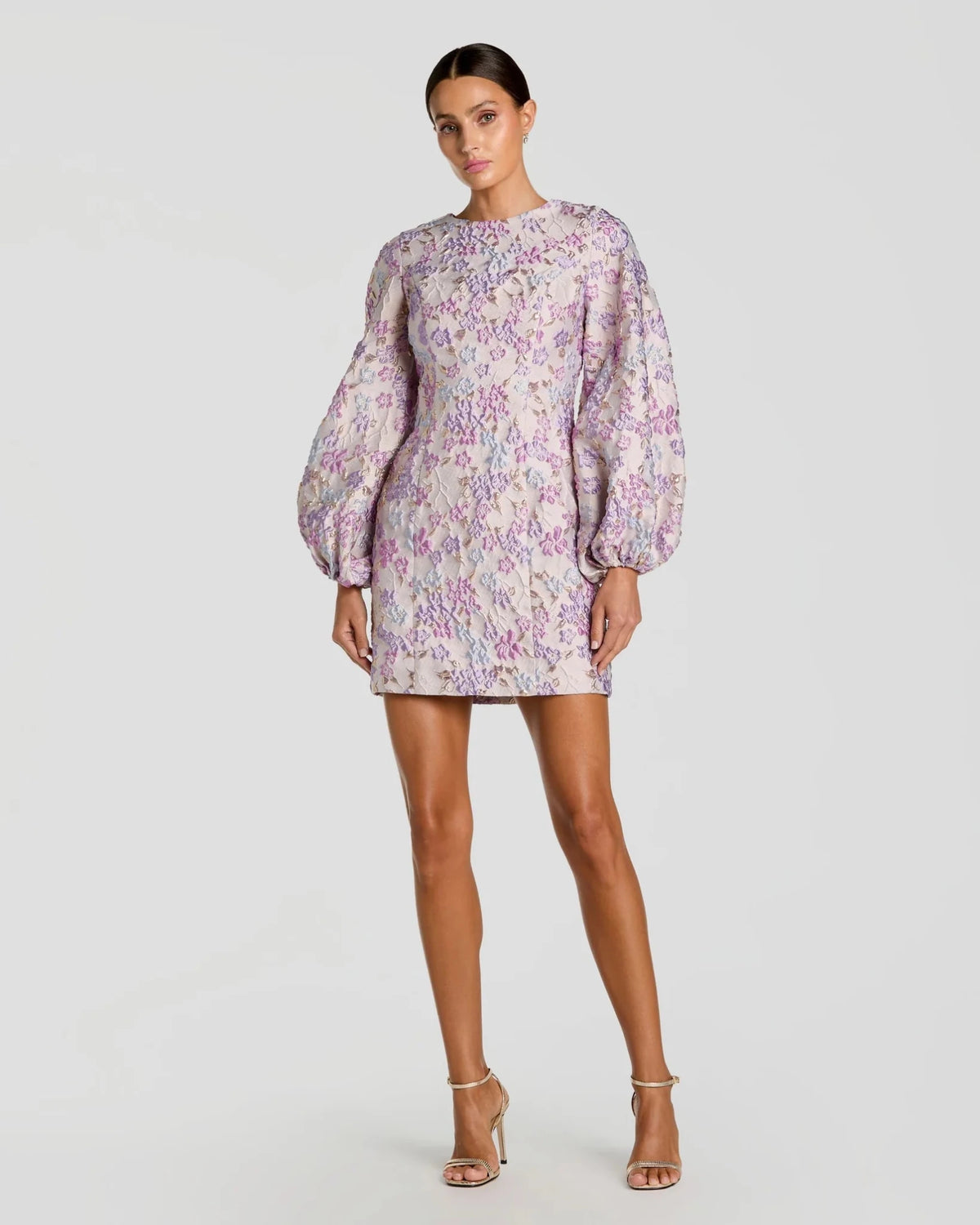 Lilac Multi Brocade Balloon Sleeve Fitted Mini Dress