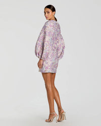 Lilac Multi Brocade Balloon Sleeve Fitted Mini Dress