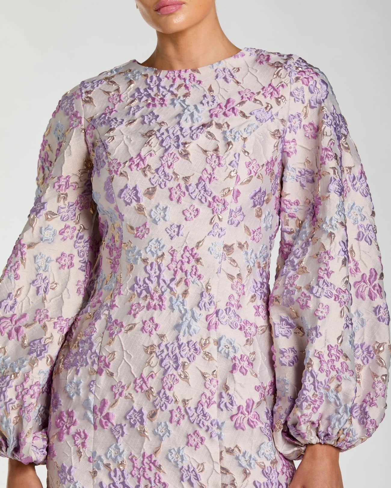 Lilac Multi Brocade Balloon Sleeve Fitted Mini Dress