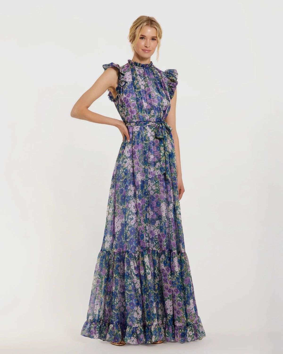 Mac Duggal #56116 Purple Printed Chiffon Ruffle Sleeve Gown With Bow Belt Lilac 
