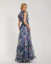 Printed Chiffon Ruffle Sleeve Gown With Bow Belt - Lilac