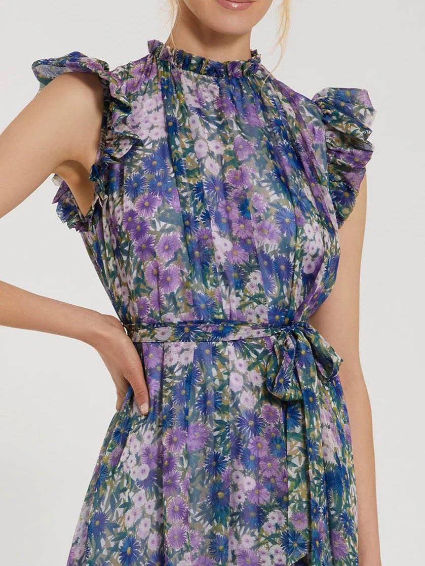 Printed Chiffon Ruffle Sleeve Gown With Bow Belt - Lilac