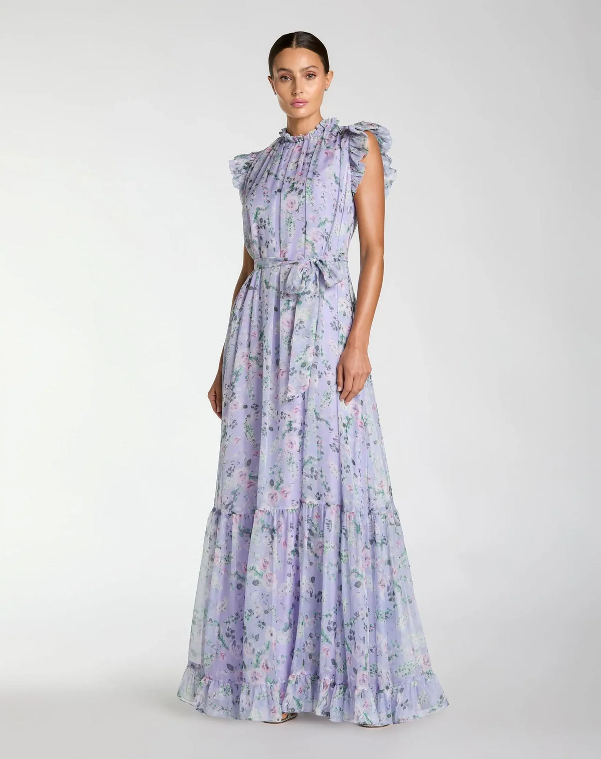 Mac Duggal Light Purple Orchard Multi Printed Chiffon Ruffle Sleeve Maxi Dress with Bow Belt #56116
