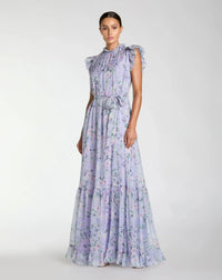 Mac Duggal Light Purple Orchard Multi Printed Chiffon Ruffle Sleeve Maxi Dress with Bow Belt #56116