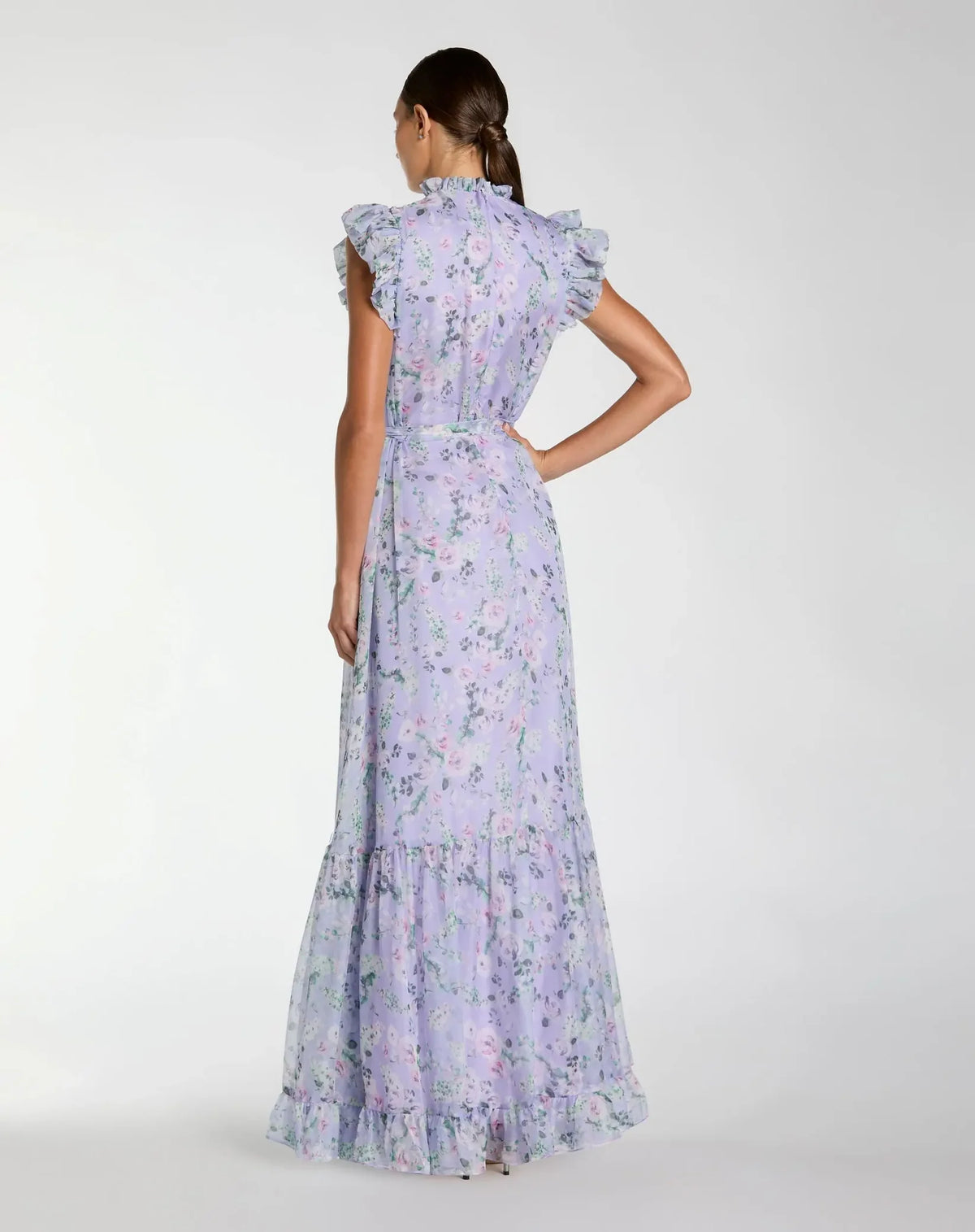 Mac Duggal Light Purple Orchard Multi Printed Chiffon Ruffle Sleeve Maxi Dress with Bow Belt #56116