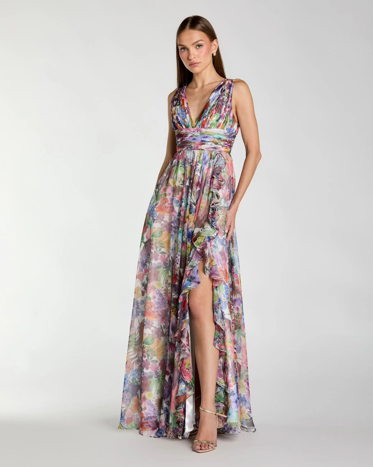 Floral Chiffon Gown With Ruffle Slit - Multi