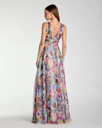 Floral Chiffon Gown With Ruffle Slit - Multi