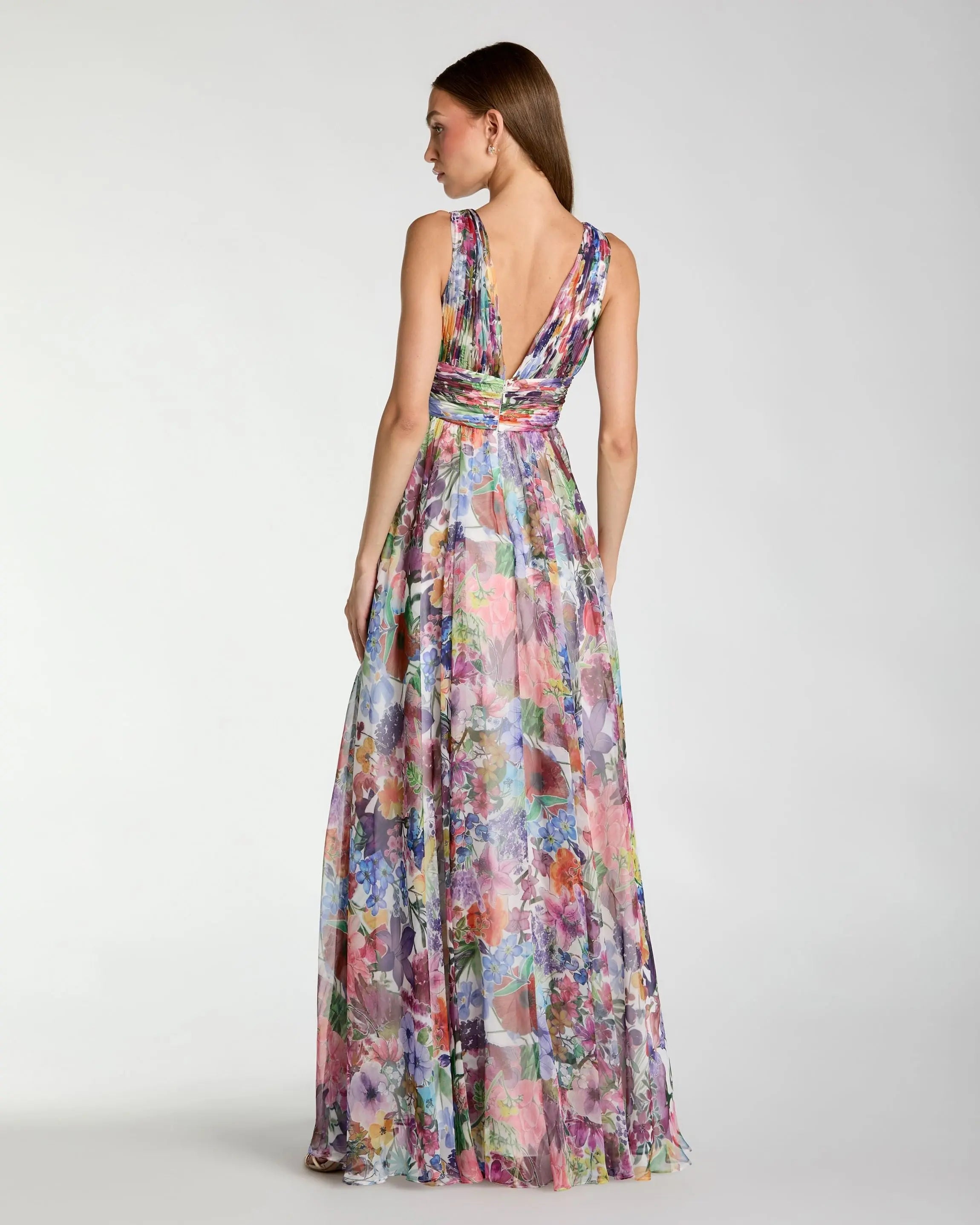 Floral Chiffon Gown With Ruffle Slit - Multi
