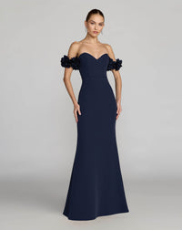 Mac Duggal #56131 midnight crepe off the shoulder gown with 3d flowers