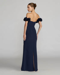 Mac Duggal #56131 midnight crepe off the shoulder gown with 3d flowers