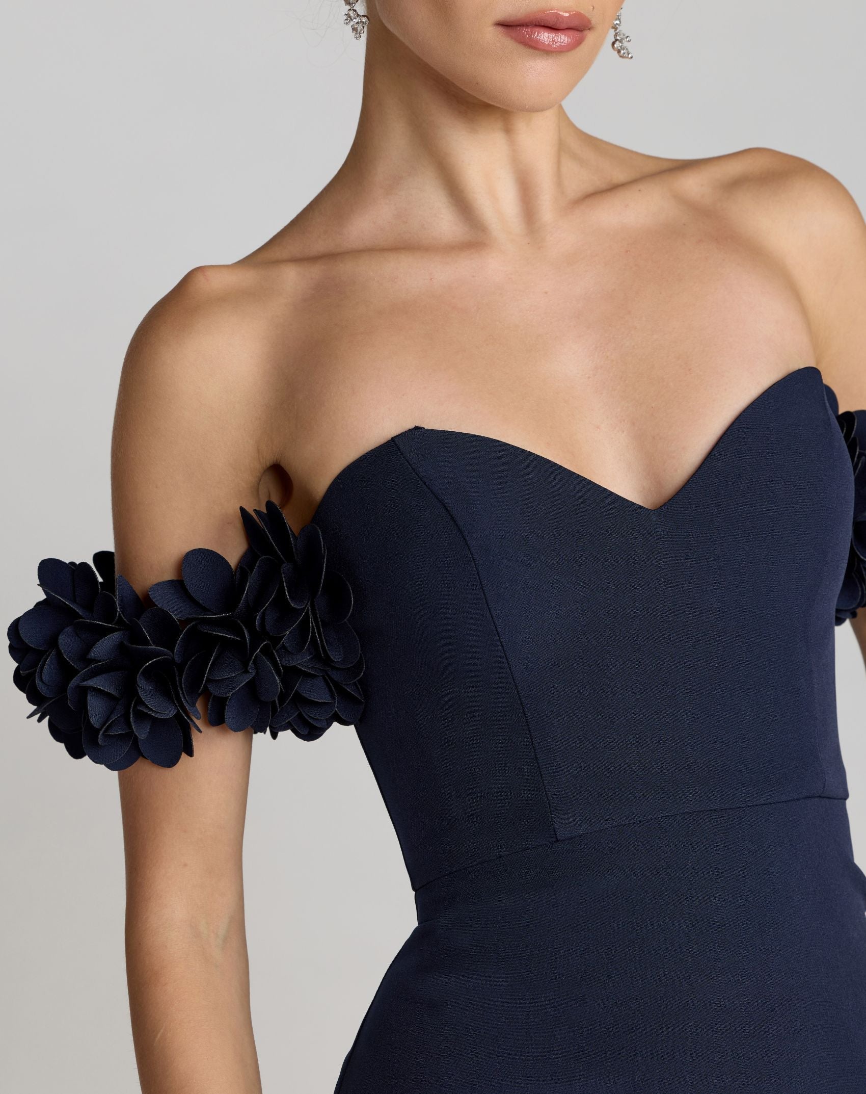 Mac Duggal #56131 midnight crepe off the shoulder gown with 3d flowers
