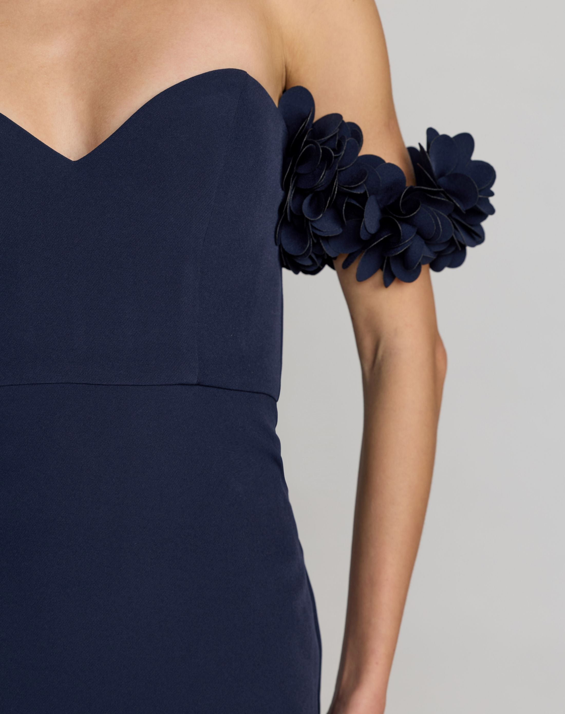 Mac Duggal #56131 midnight crepe off the shoulder gown with 3d flowers