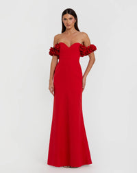 Mac Duggal #56131 red crepe off the shoulder mermaid gown with 3D flowers