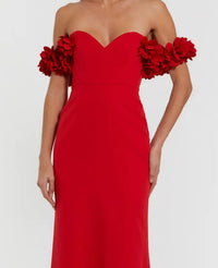 Mac Duggal #56131 red 3D petal sleeve appliqué close-up