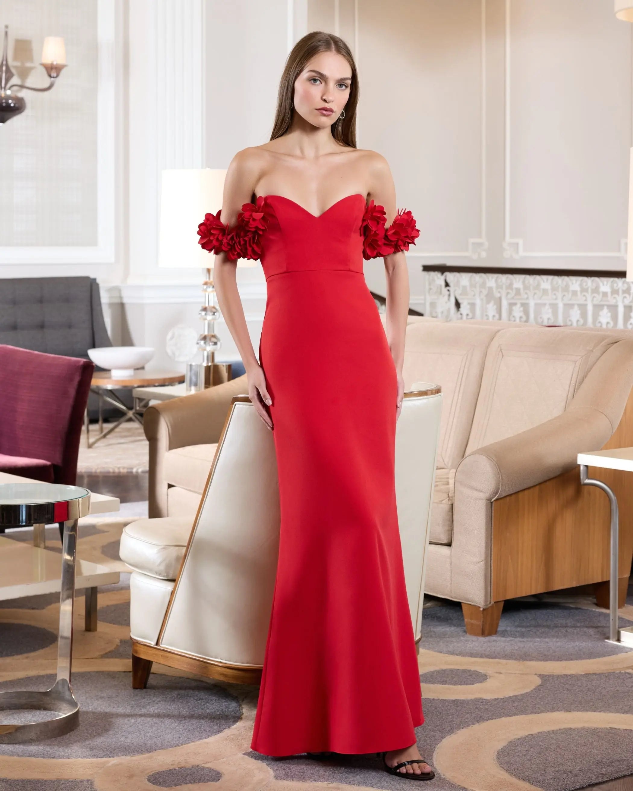 Mac Duggal #56131 red off the shoulder gown alternate view