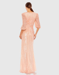 Sequin Faux Wrap Puff Sleeve Gown - Peach