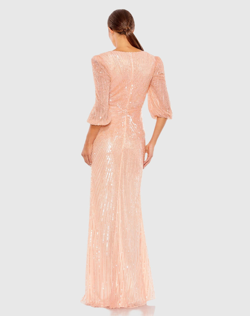 Sequin Faux Wrap Puff Sleeve Gown - Peach