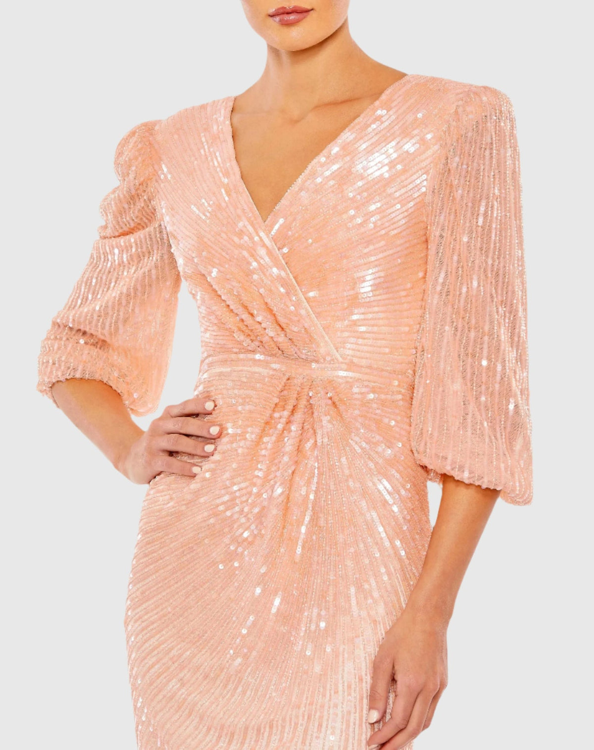 Sequin Faux Wrap Puff Sleeve Gown - Peach