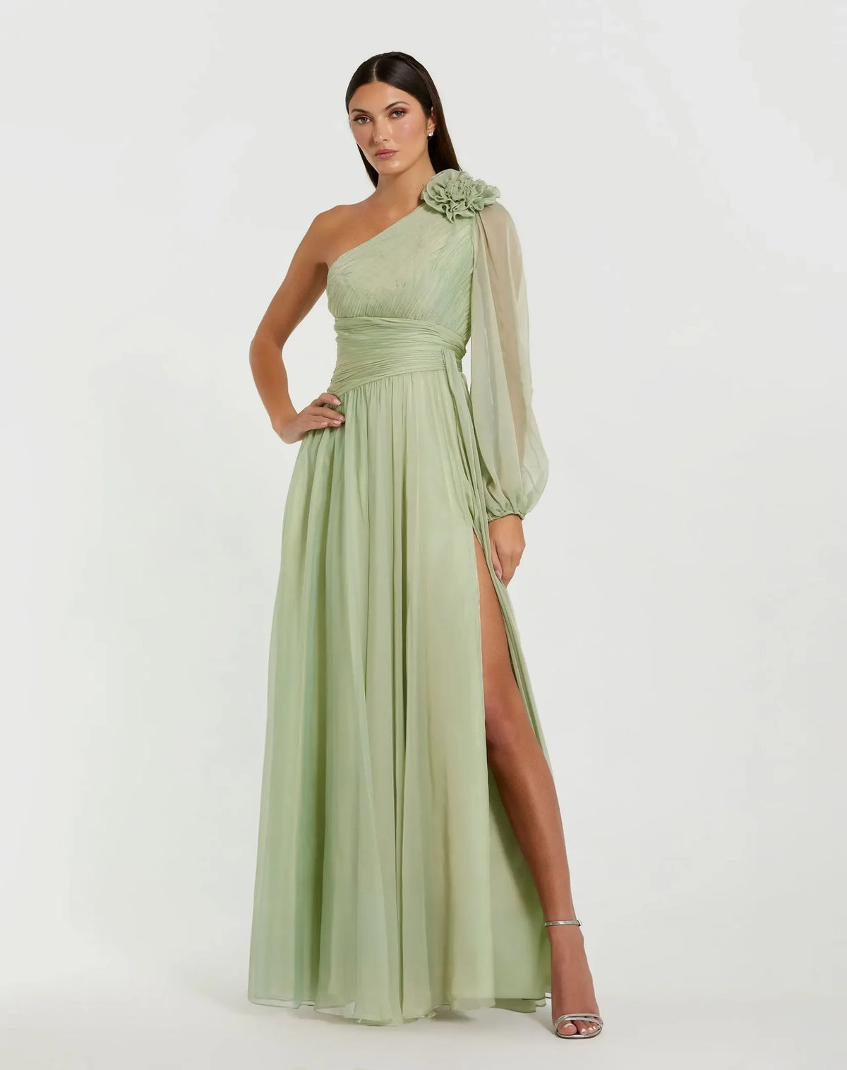 Mac Duggal Sage Green One Shoulder 3D Flower Gown With Slit #56142 Shaide Boutique Mac Duggal Sage Green One Shoulder 3D Flower Gown With Slit #56142 Shaide Boutique