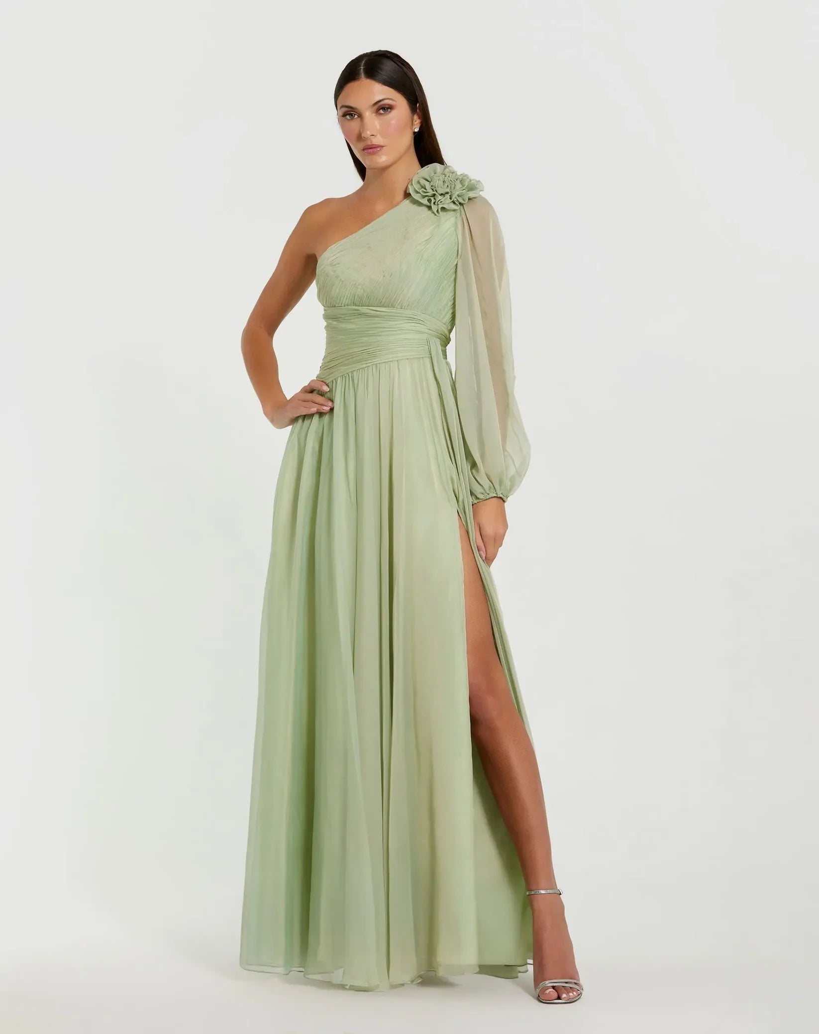 Mac Duggal Sage Green One Shoulder 3D Flower Gown With Slit #56142 Grecian style
