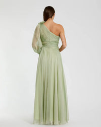 Mac Duggal Sage Green One Shoulder 3D Flower Gown With Slit #56142 Grecian style