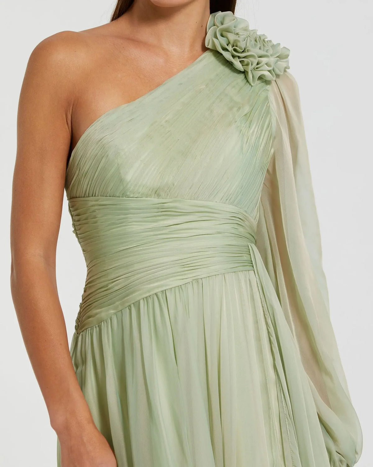 Mac Duggal Sage Green One Shoulder 3D Flower Gown With Slit #56142 Grecian style