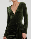 Long Sleeve Deep V Draped Velvet Gown - Olive