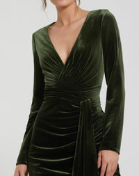 Long Sleeve Deep V Draped Velvet Gown - Olive