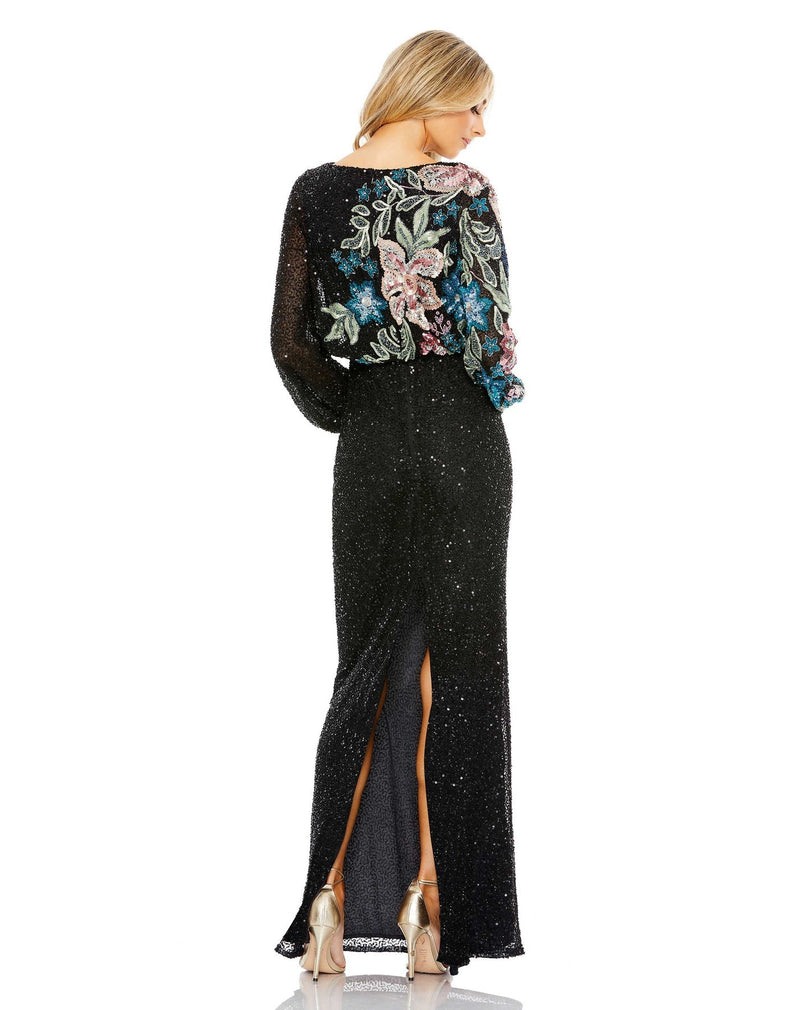 MAC DUGGAL, EMBELLISHED MULTI COLOR FLORAL HIGH NECK GOWN, Style #5615 BACK VIEW