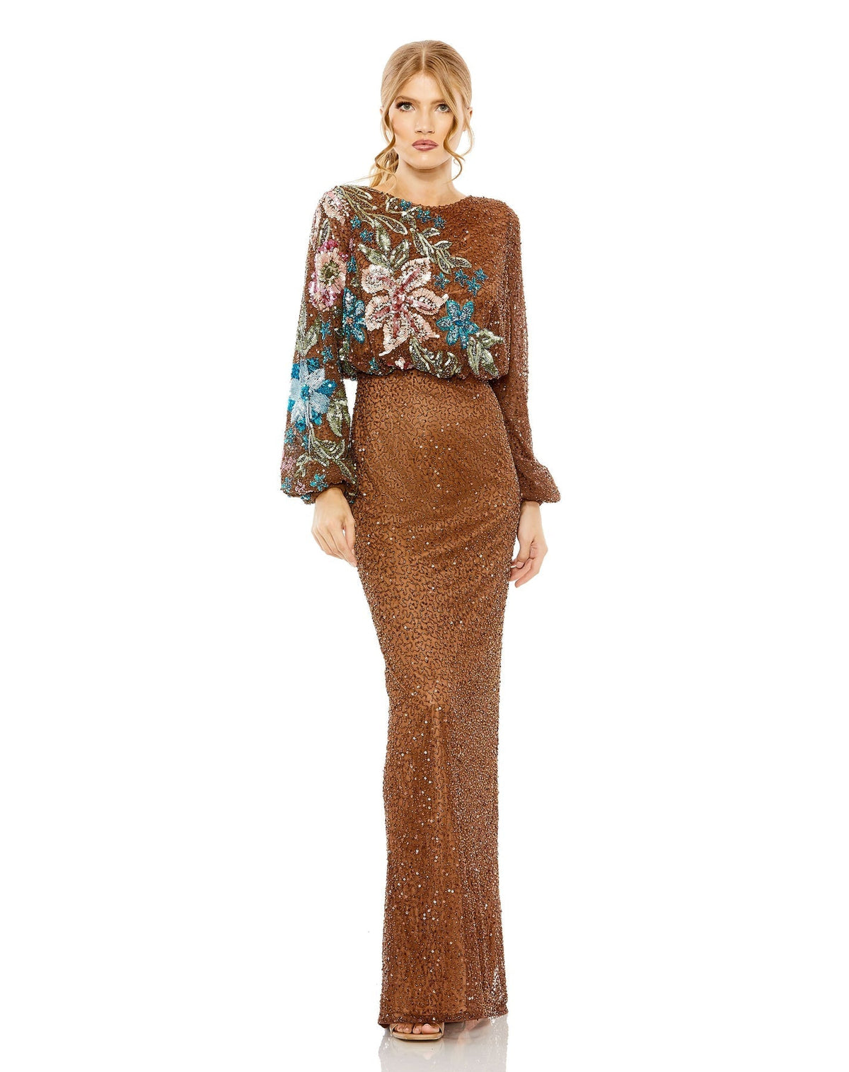 MAC DUGGAL, EMBELLISHED MULTI COLOR FLORAL HIGH NECK GOWN, Style #5615, MOCHA FRONT