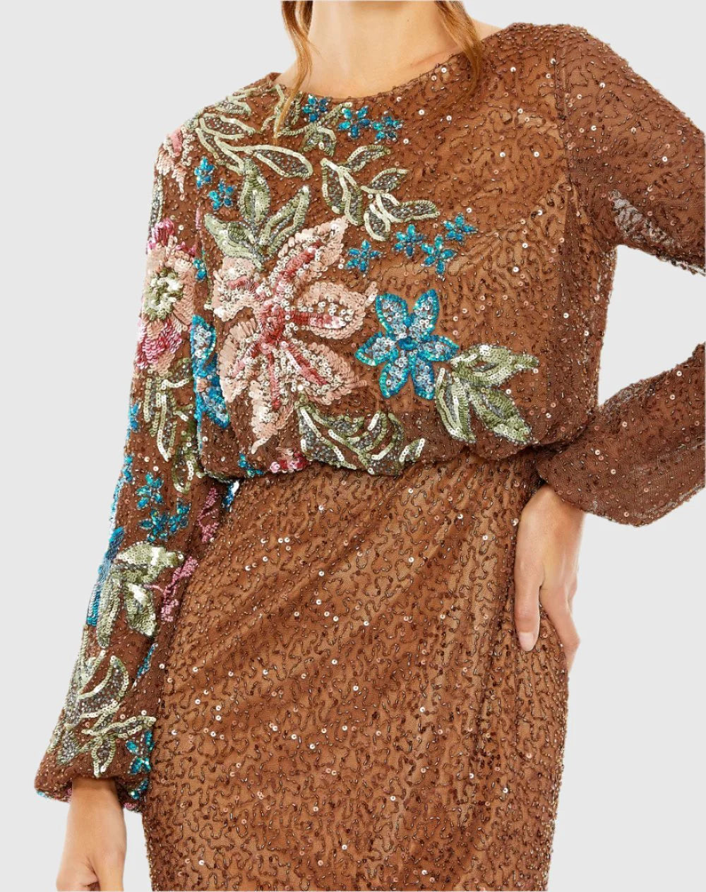 Sequin Embellished Floral Modest Gown - Nude