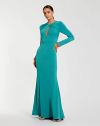 Mac Duggal Teal Long Sleeve Twist Neck Jersey Gown With Embellished Cuffs #56150