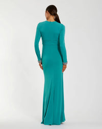 Mac Duggal Teal Long Sleeve Twist Neck Jersey Gown With Embellished Cuffs #56150