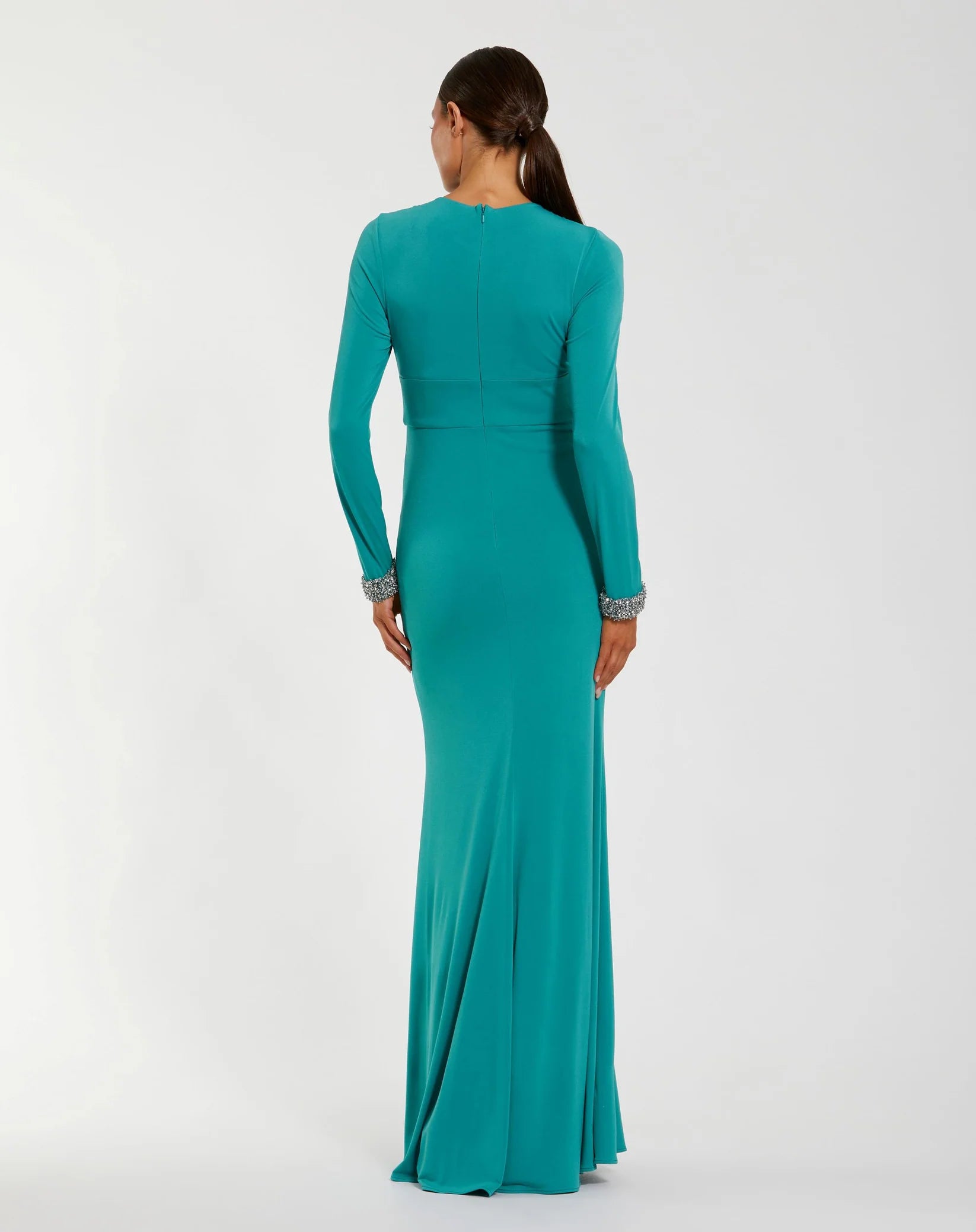 Mac Duggal Teal Long Sleeve Twist Neck Jersey Gown With Embellished Cuffs #56150