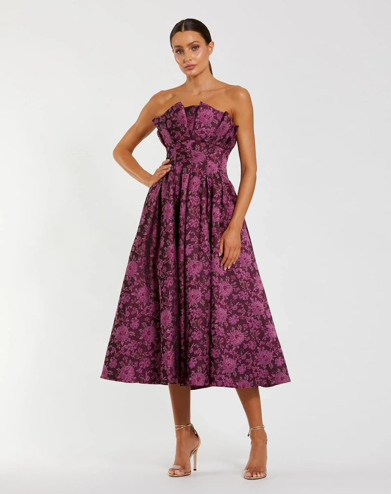 Mac Duggal Purple Strapless Floral Brocade A-line Midi Dress #56159