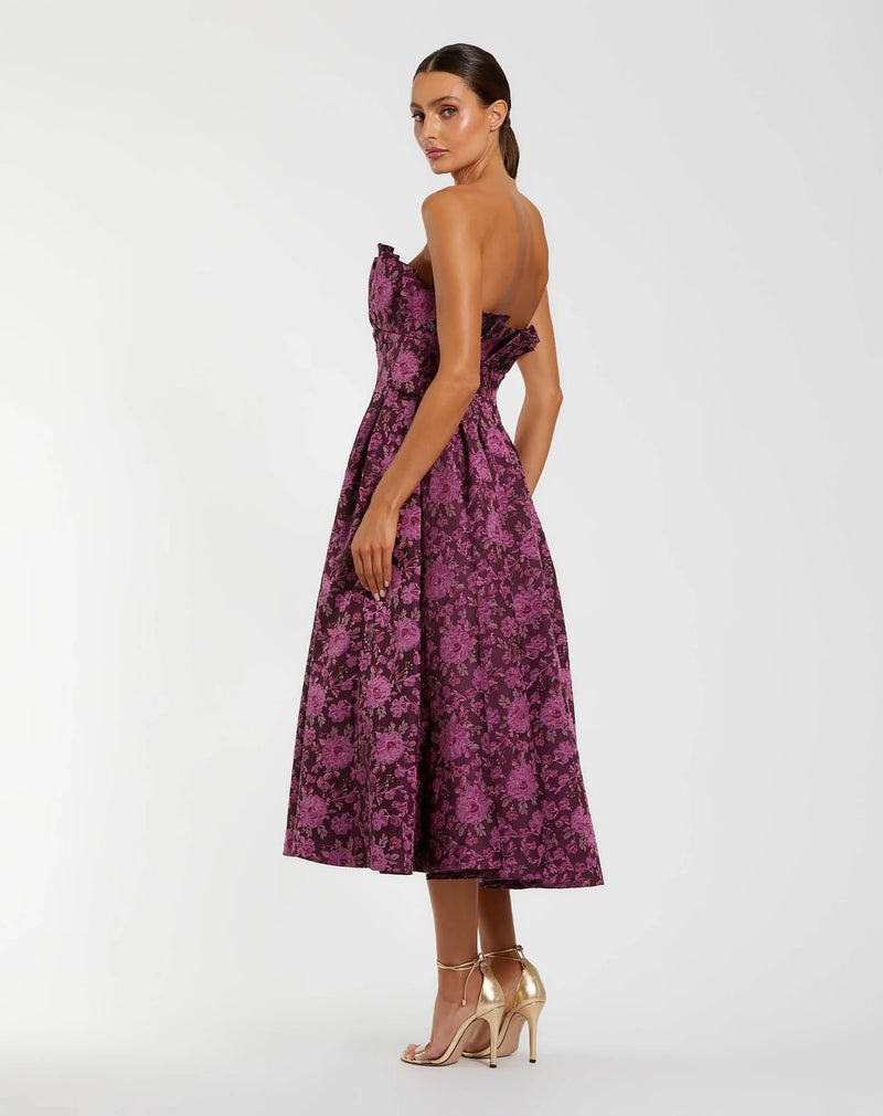 Strapless Floral Brocade A-line Midi Dress - Purple
