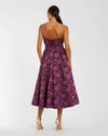 Strapless Floral Brocade A-line Midi Dress - Purple