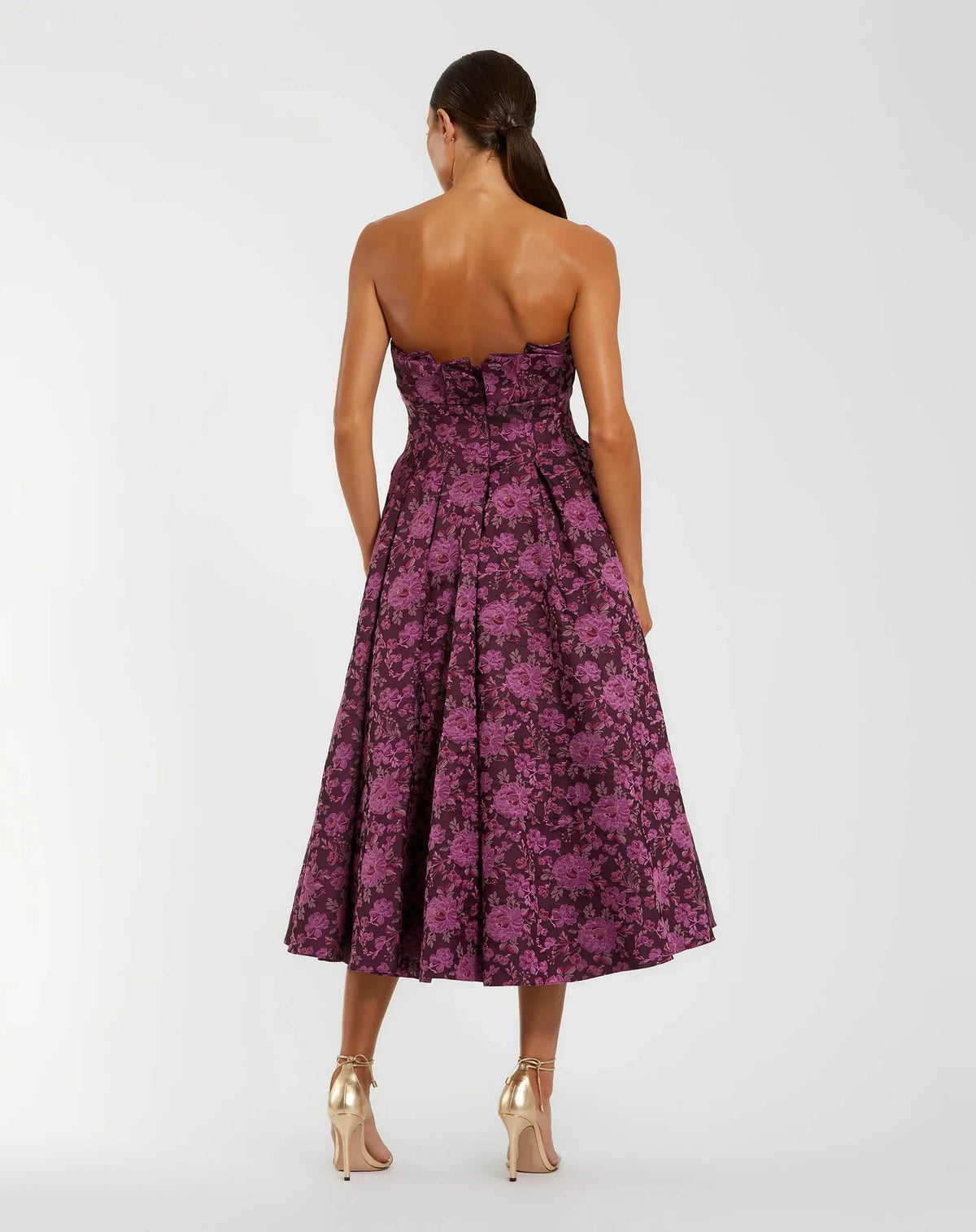 Strapless Floral Brocade A-line Midi Dress - Purple