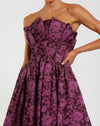 Strapless Floral Brocade A-line Midi Dress - Purple
