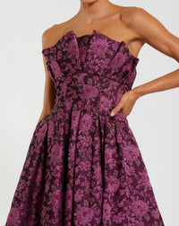 Strapless Floral Brocade A-line Midi Dress - Purple