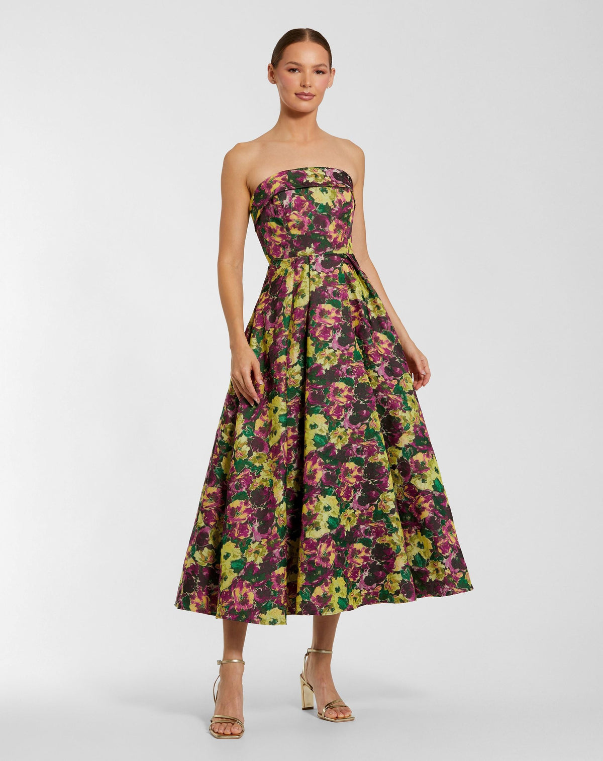 Mac Duggal #56165 Plum Multi strapless brocade A-line midi dress