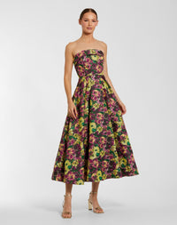 Mac Duggal #56165 Plum Multi strapless brocade A-line midi dress