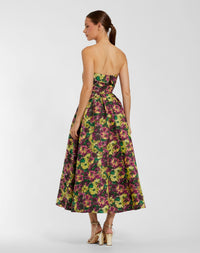 Mac Duggal #56165 Plum Multi strapless brocade A-line midi dress