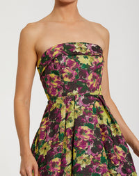 Mac Duggal #56165 Plum Multi strapless brocade A-line midi dress
