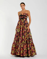 Mac Duggal Burgundy Multi Brocade Sweetheart Neck Printed Gown #56166

