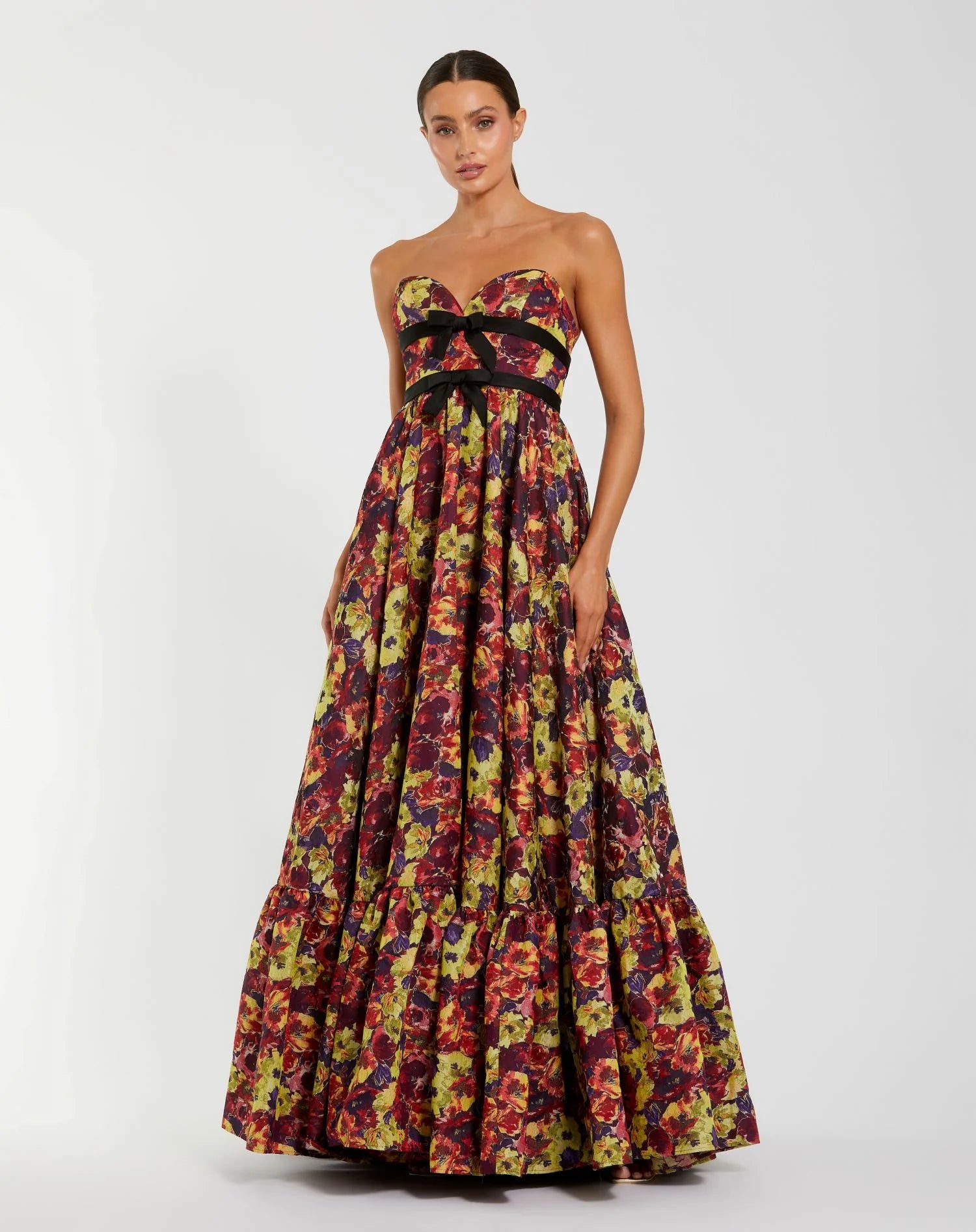 Mac Duggal Burgundy Multi Brocade Sweetheart Neck Printed Gown #56166

