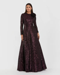 Mac Duggal Dark Purple Long Sleeve Sequin Ball Gown With 3D Flower Amethyst #69005