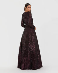 Mac Duggal Dark Purple Long Sleeve Sequin Ball Gown With 3D Flower Amethyst #69005